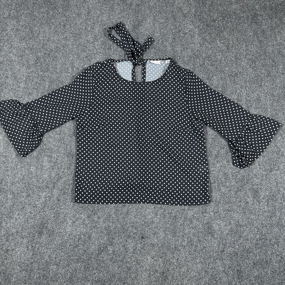 Sweet Pea NY&Co Black White Polka Dot Ruffle Sleeve Tie‎ Back Blouse Womens L